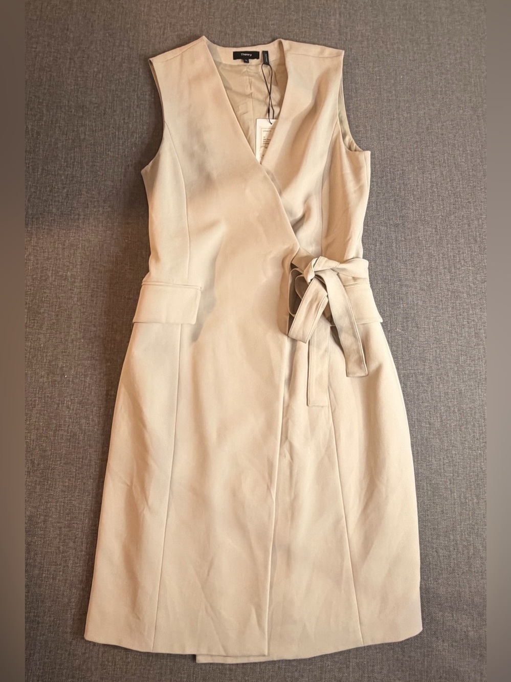 Theory Sleeveless Classic Wrap Around Midi Dress in Light Beige Size 10